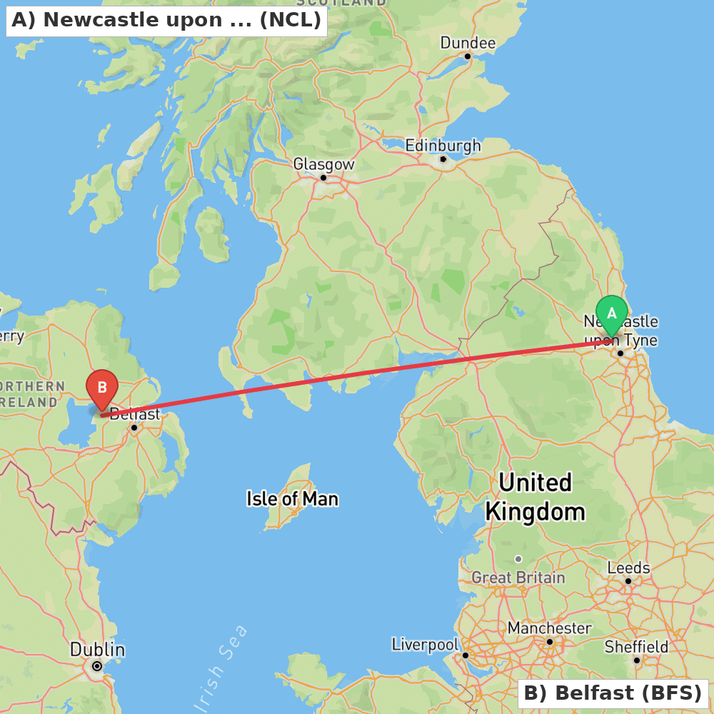Flight route map from Newcastle upon Tyne, Tyne and Wear to Belfast