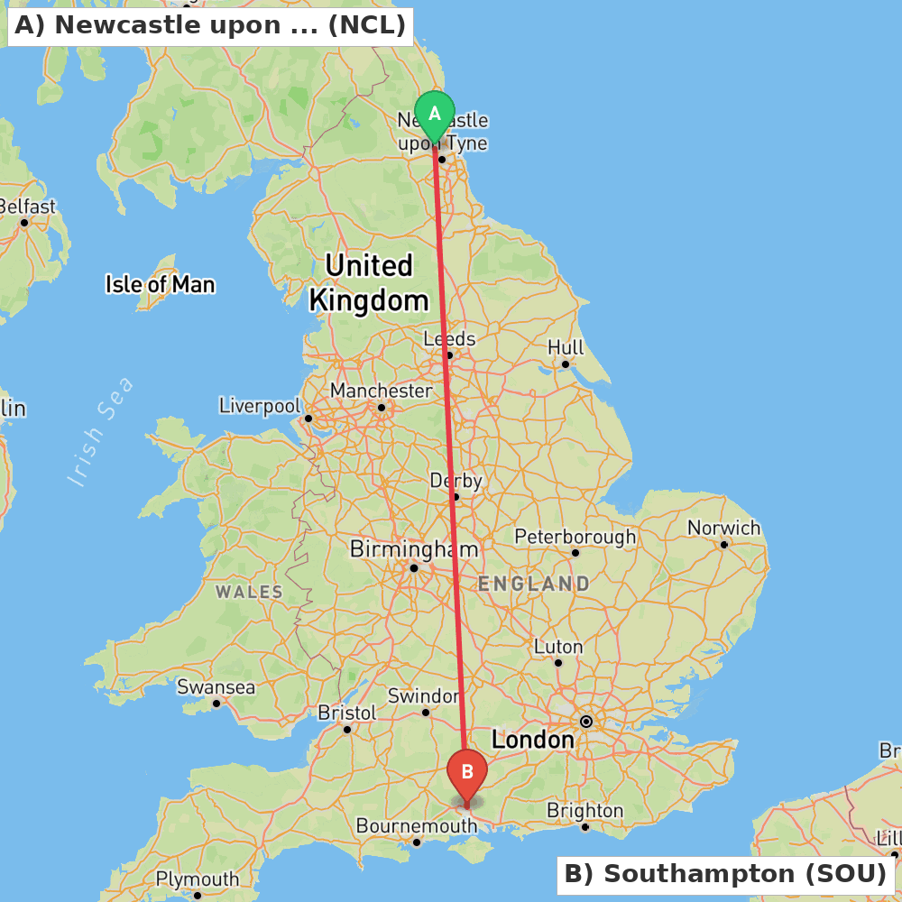 Flight route map from Newcastle upon Tyne, Tyne and Wear to Southampton