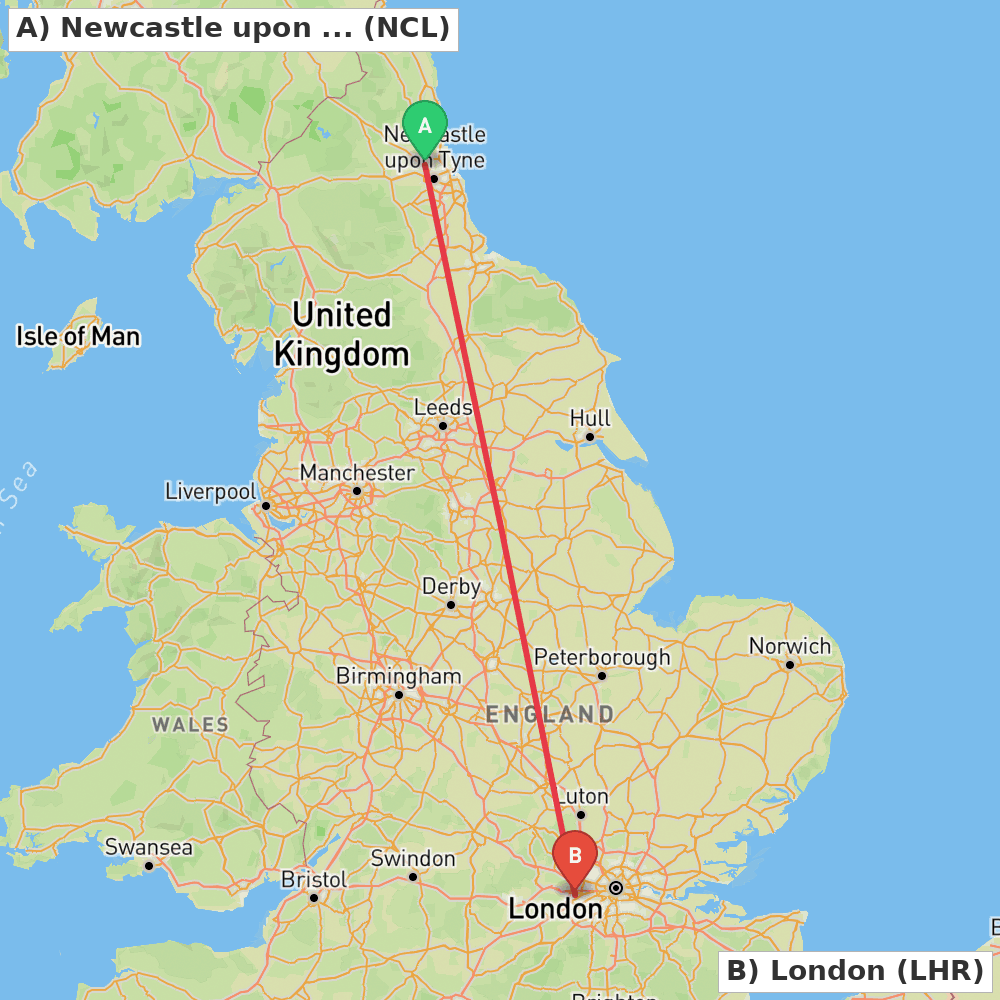 Flight route map from Newcastle upon Tyne, Tyne and Wear to London