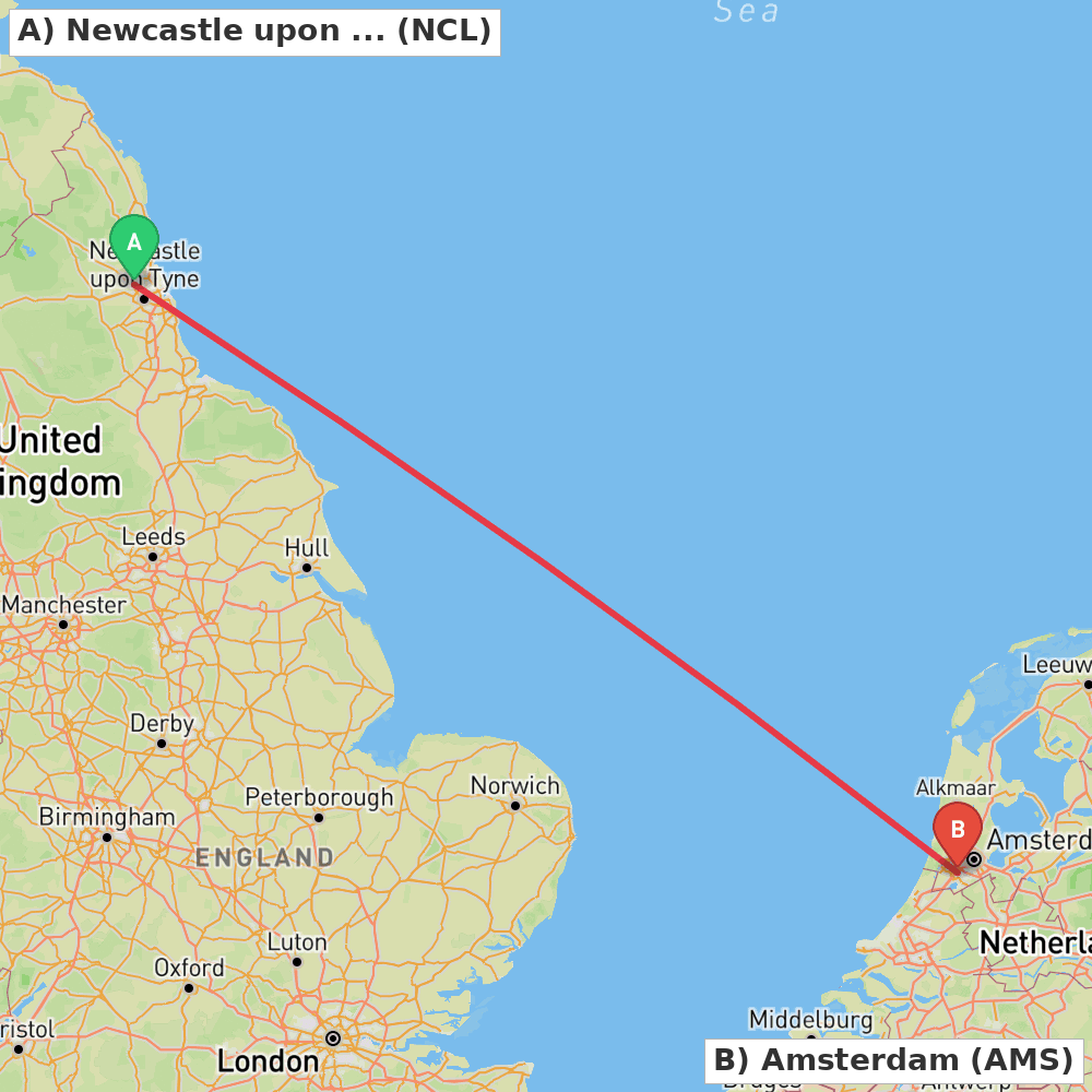 Flight route map from Newcastle upon Tyne, Tyne and Wear to Amsterdam