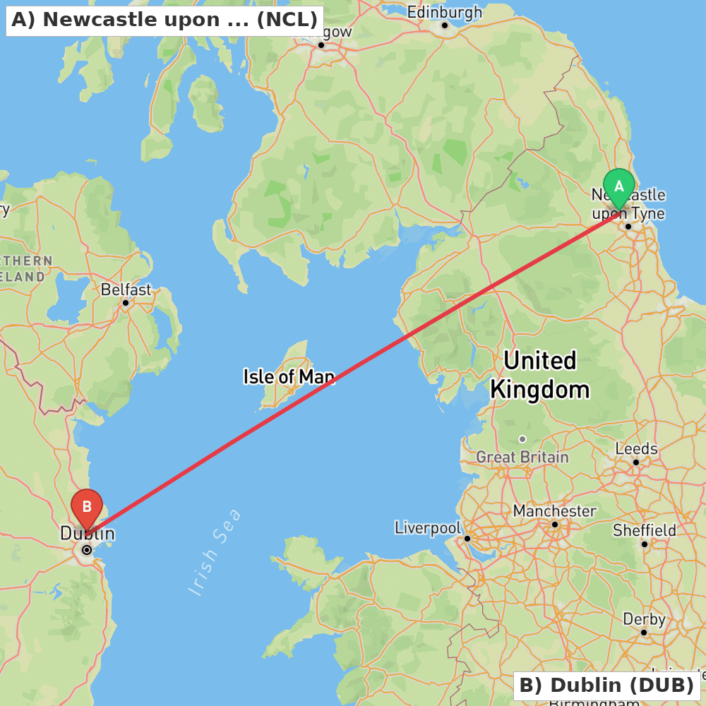 Flight route map from Newcastle upon Tyne, Tyne and Wear to Dublin