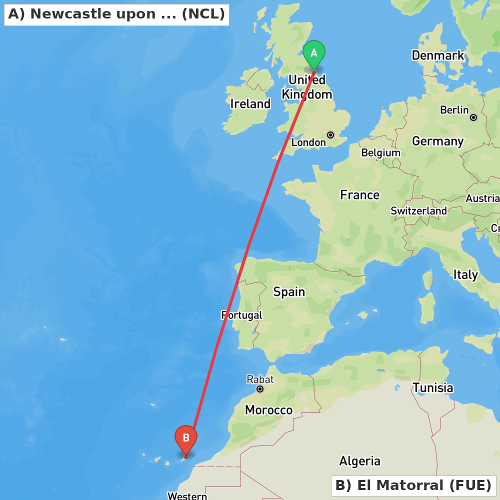 Flight route map from Newcastle upon Tyne, Tyne and Wear to El Matorral