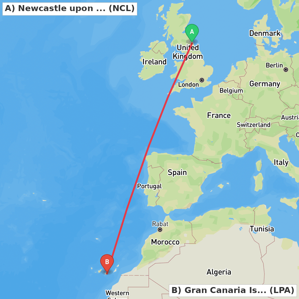 Flight route map from Newcastle upon Tyne, Tyne and Wear to Gran Canaria Island