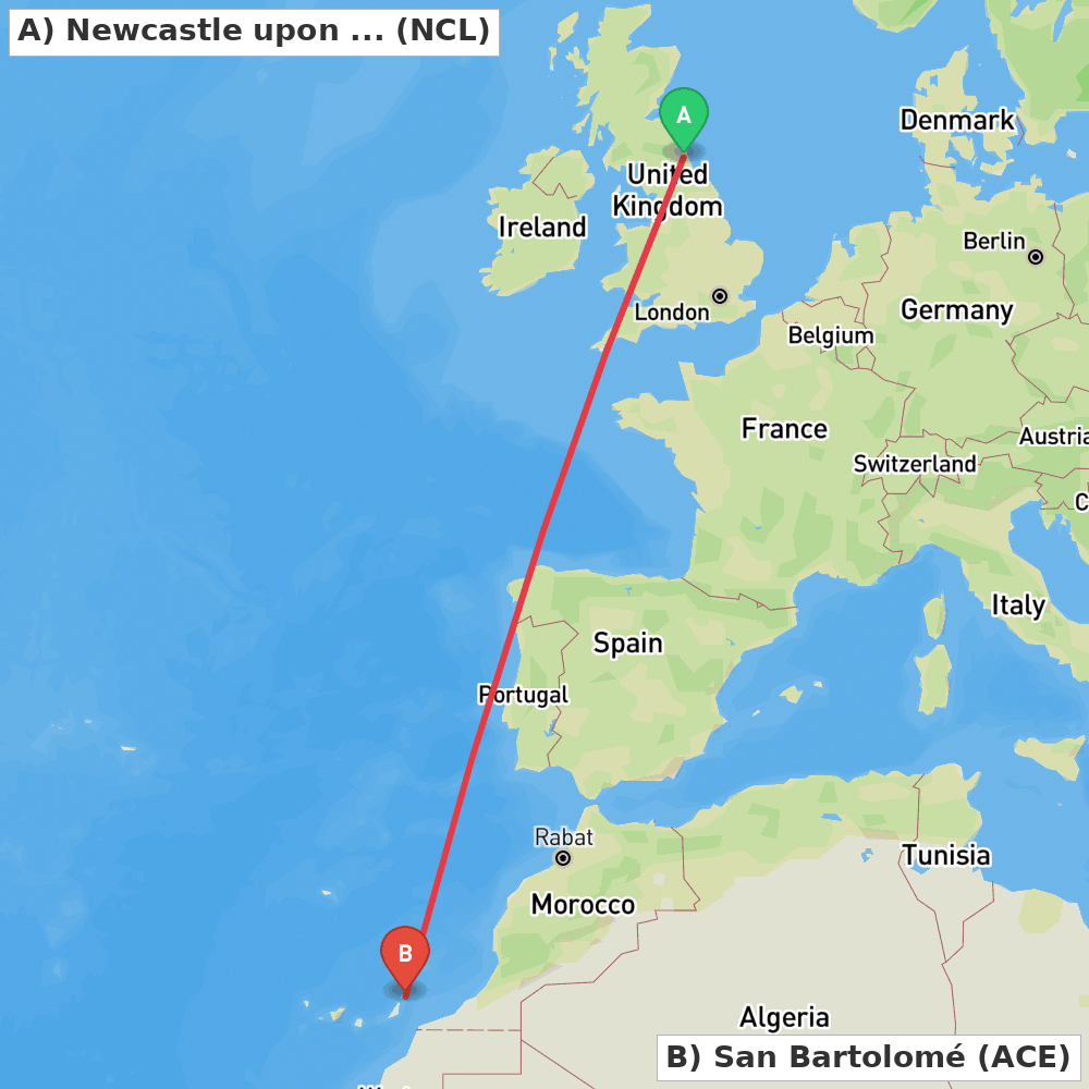Flight route map from Newcastle upon Tyne, Tyne and Wear to San Bartolomé