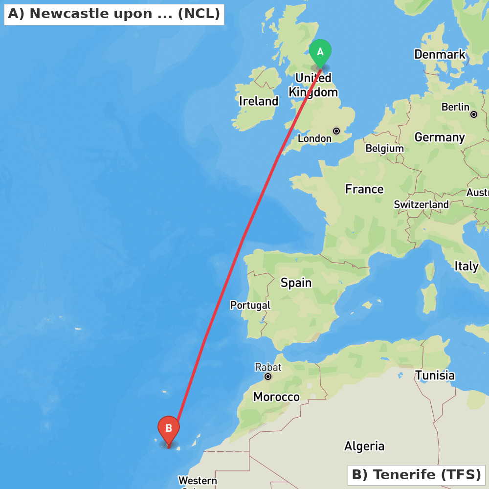 Flight route map from Newcastle upon Tyne, Tyne and Wear to Tenerife