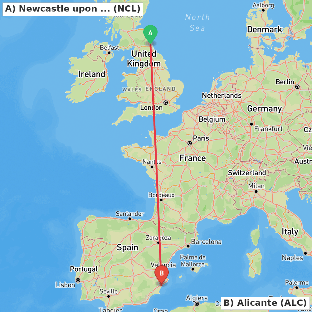 Flight route map from Newcastle upon Tyne, Tyne and Wear to Alicante