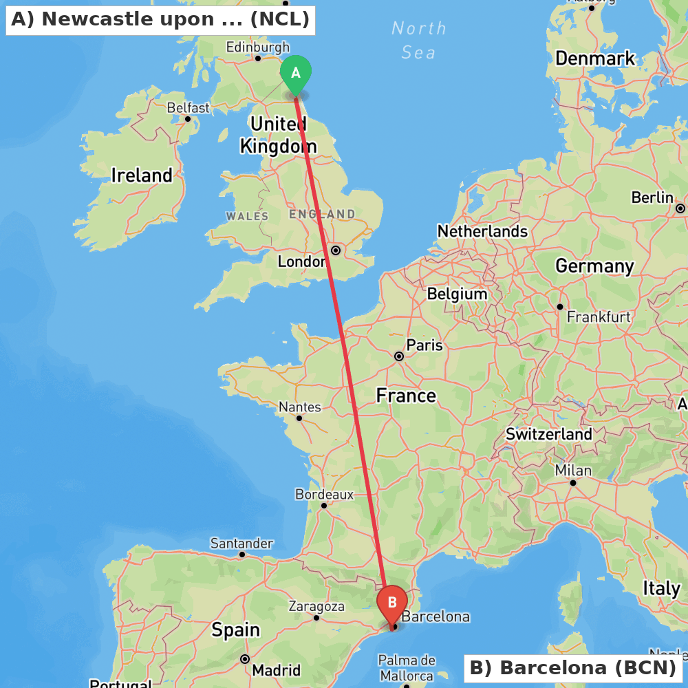 Flight route map from Newcastle upon Tyne, Tyne and Wear to Barcelona