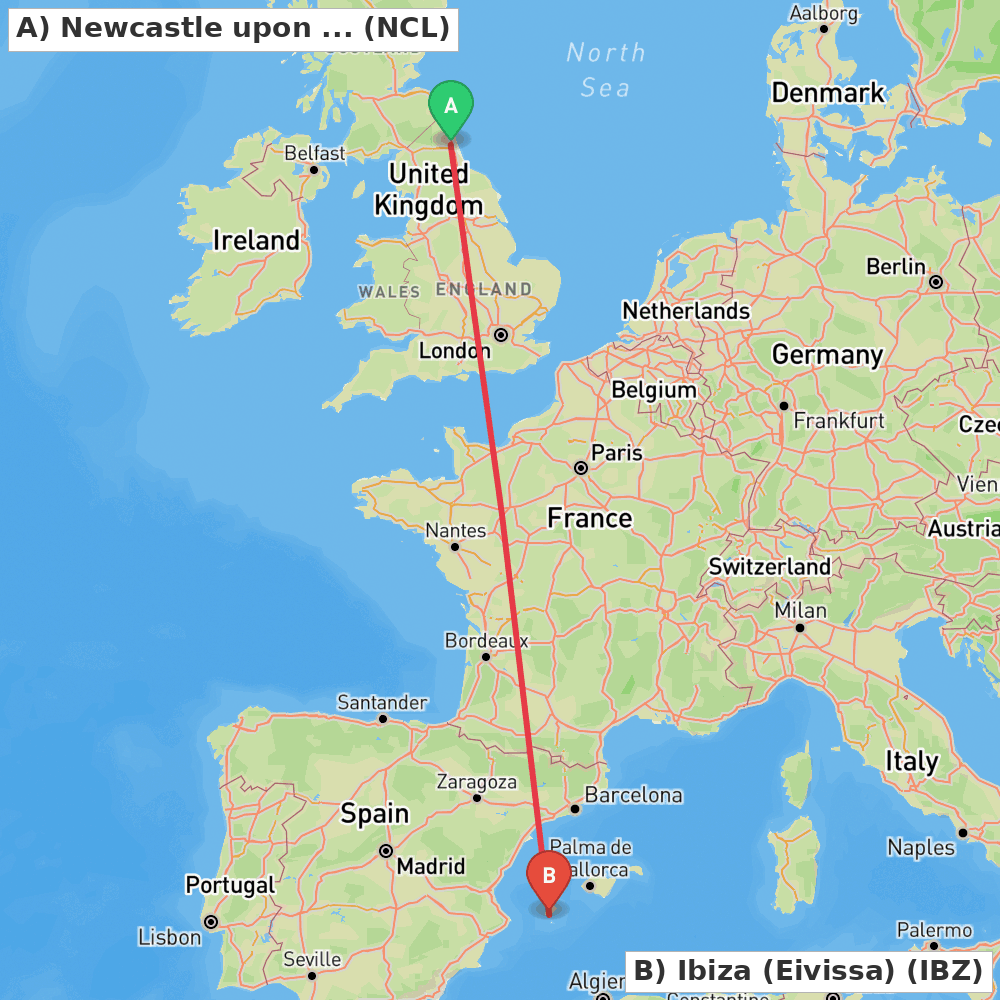 Flight route map from Newcastle upon Tyne, Tyne and Wear to Ibiza (Eivissa)