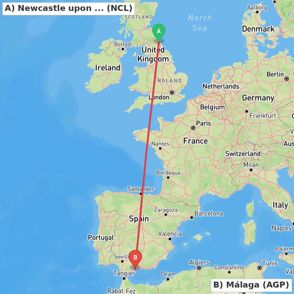 Flight route map from Newcastle upon Tyne, Tyne and Wear to Málaga