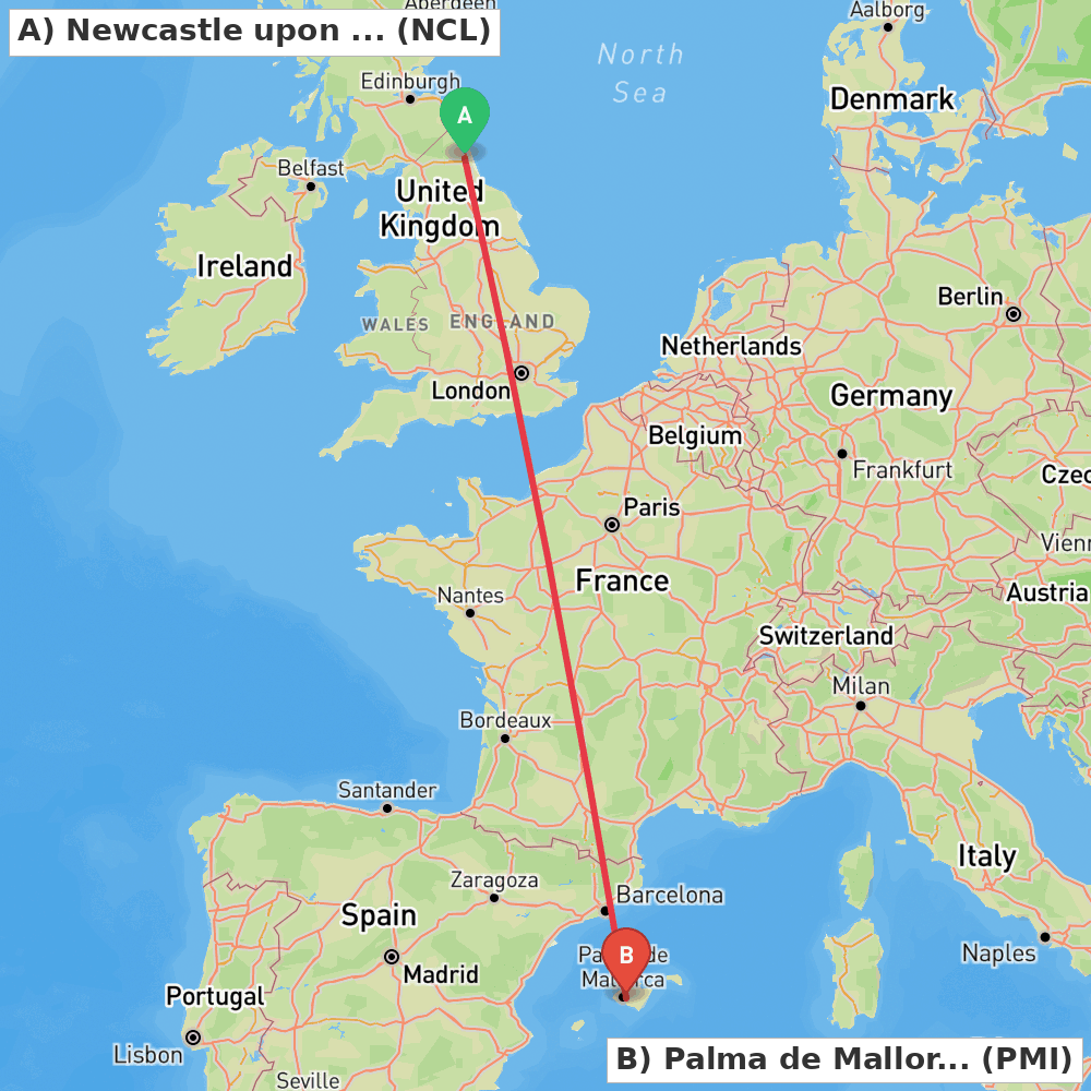 Flight route map from Newcastle upon Tyne, Tyne and Wear to Palma de Mallorca