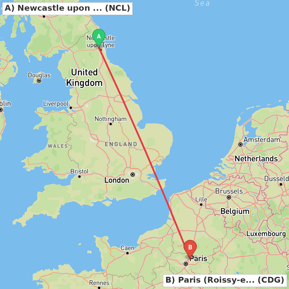 Flight route map from Newcastle upon Tyne, Tyne and Wear to Paris (Roissy-en-France, Val-d'Oise)