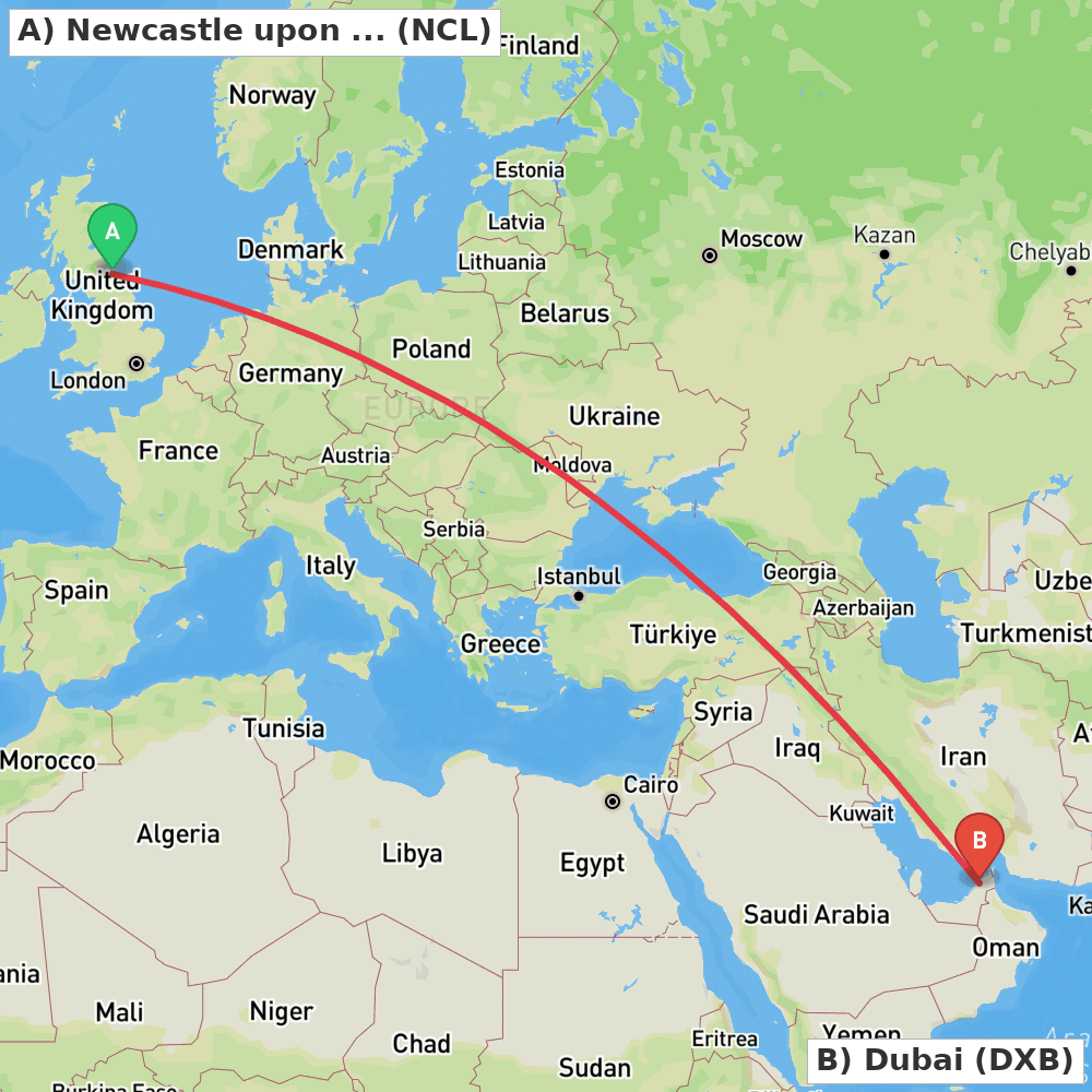 Flight route map from Newcastle upon Tyne, Tyne and Wear to Dubai