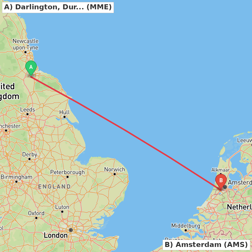 Flight route map from Darlington, Durham to Amsterdam