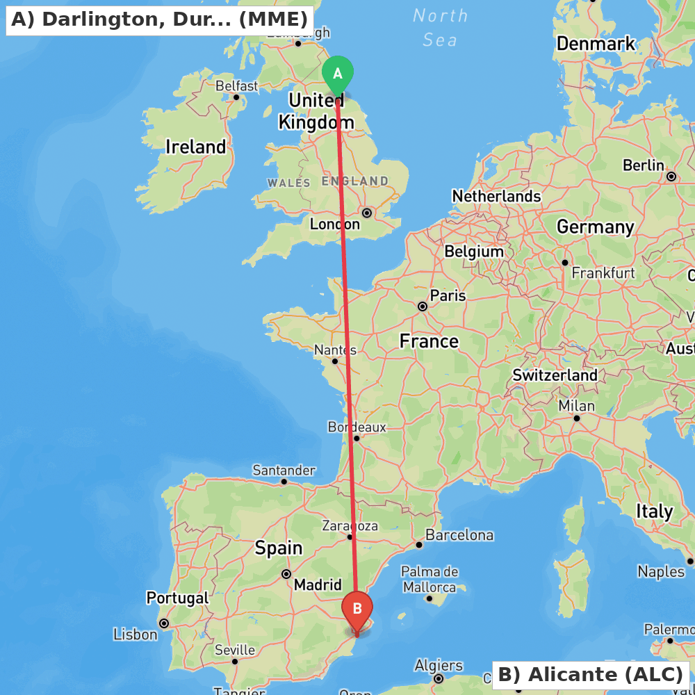 Flight route map from Darlington, Durham to Alicante