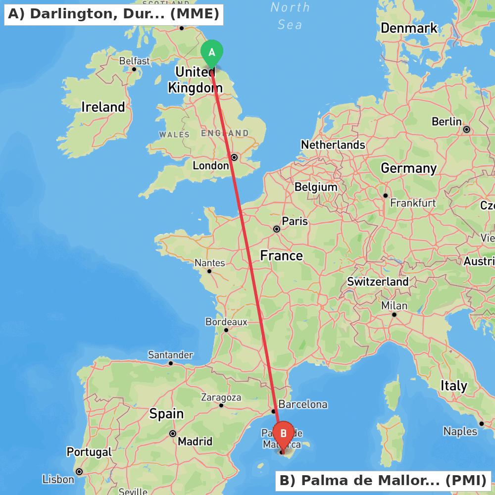 Flight route map from Darlington, Durham to Palma de Mallorca