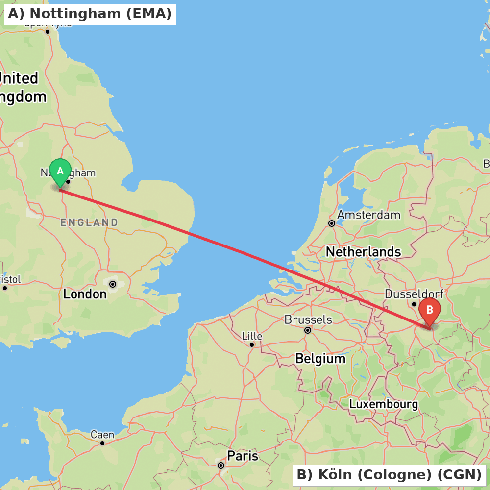 Flight route map from Nottingham to Köln (Cologne)