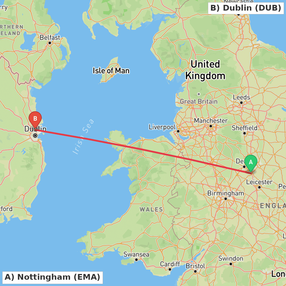 Flight route map from Nottingham to Dublin