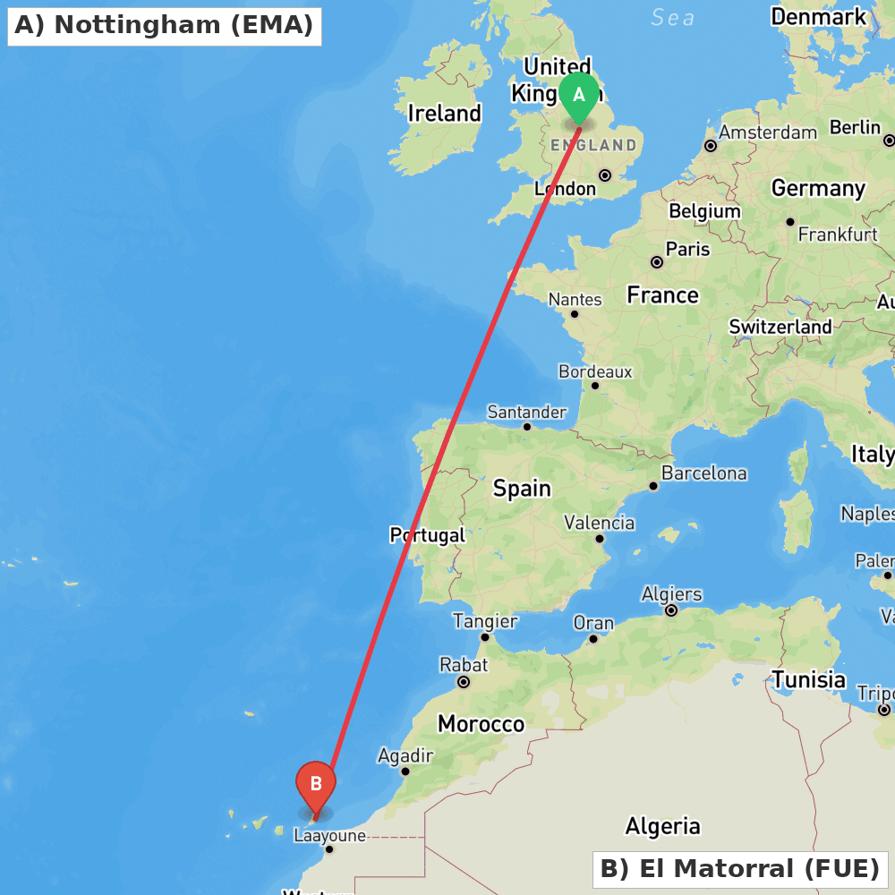 Flight route map from Nottingham to El Matorral