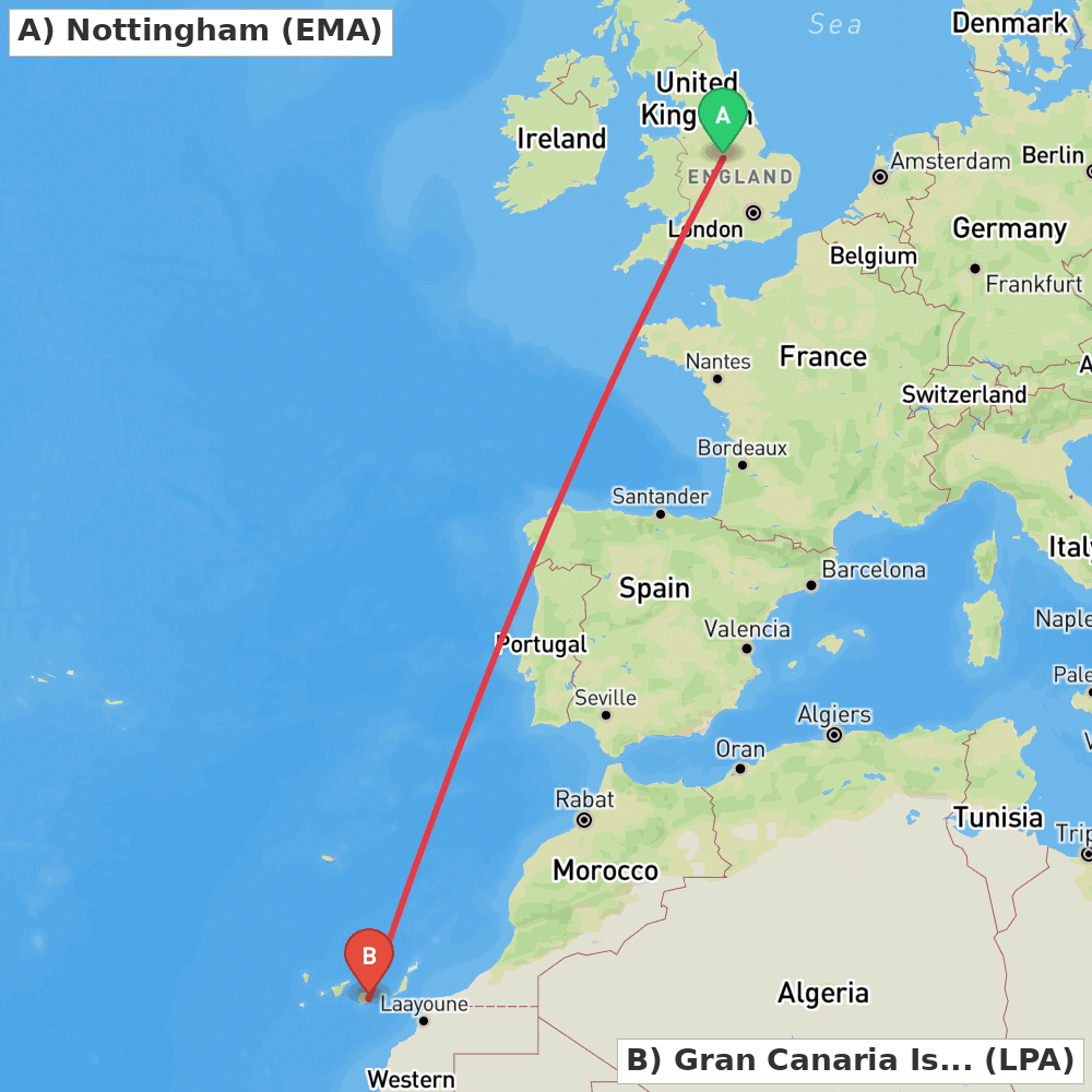 Flight route map from Nottingham to Gran Canaria Island