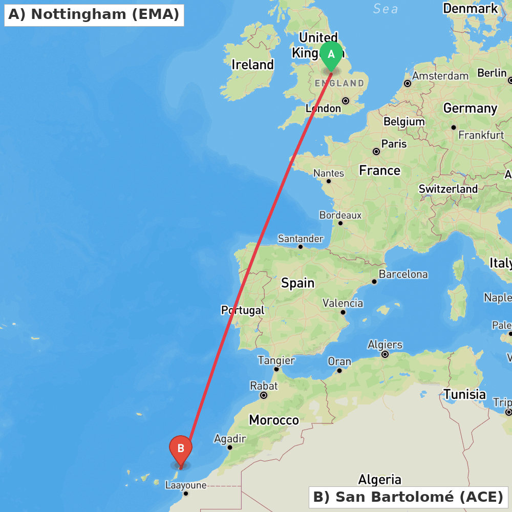 Flight route map from Nottingham to San Bartolomé