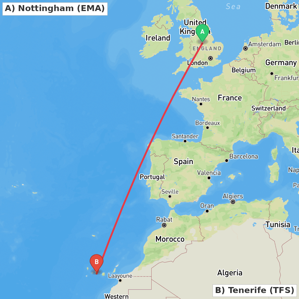 Flight route map from Nottingham to Tenerife