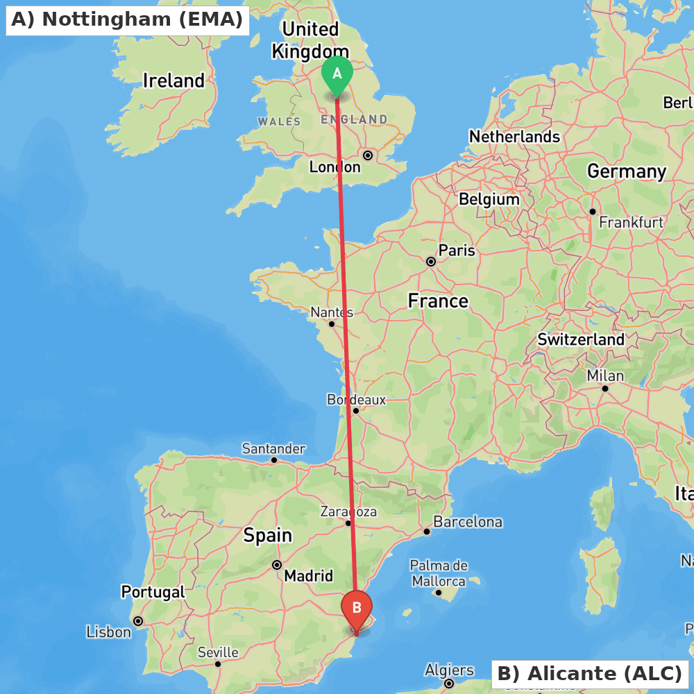 Flight route map from Nottingham to Alicante