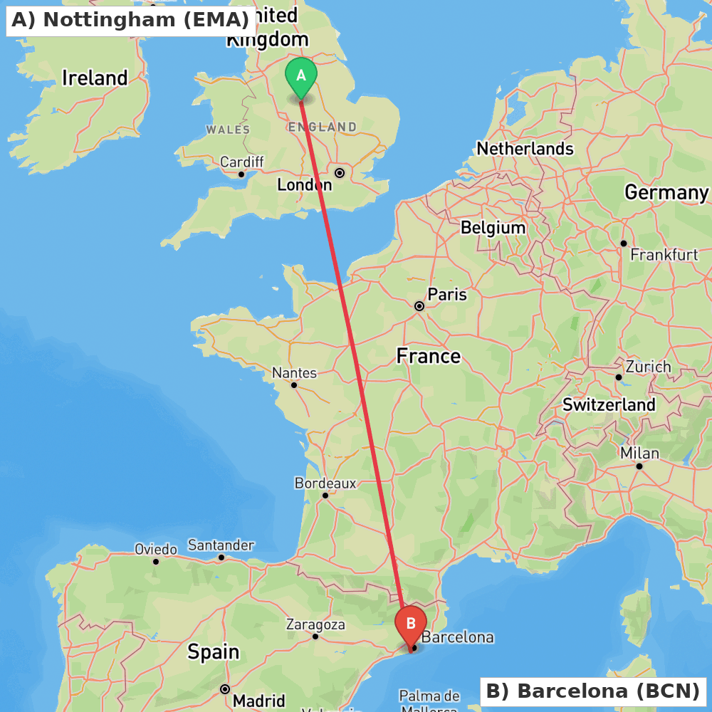 Flight route map from Nottingham to Barcelona