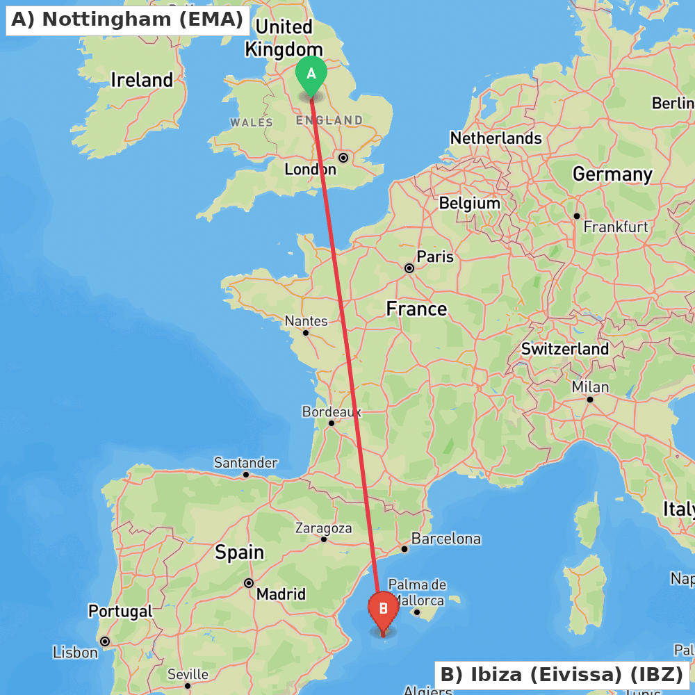 Flight route map from Nottingham to Ibiza (Eivissa)