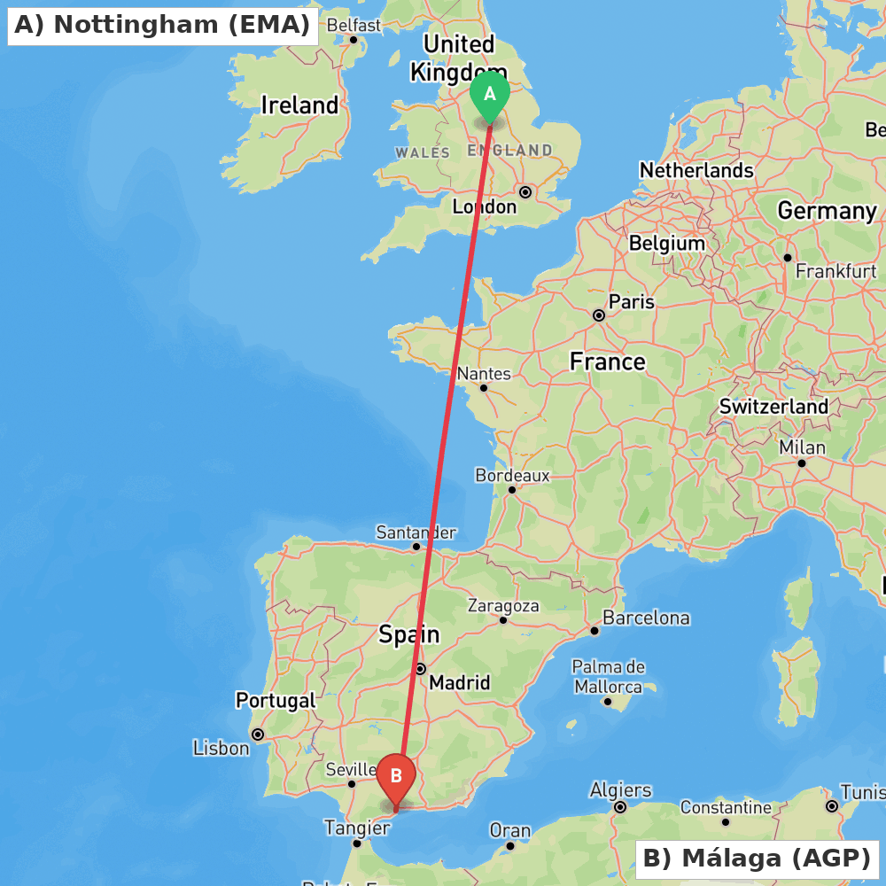 Flight route map from Nottingham to Málaga
