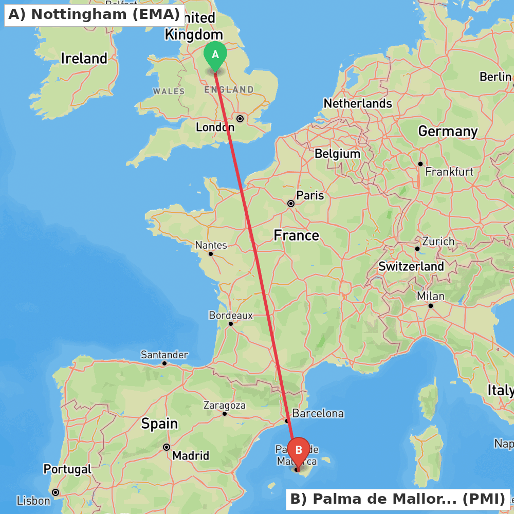 Flight route map from Nottingham to Palma de Mallorca