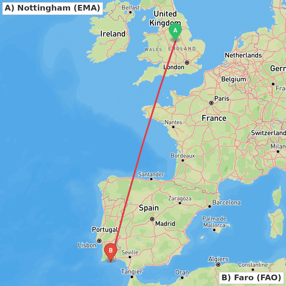 Flight route map from Nottingham to Faro