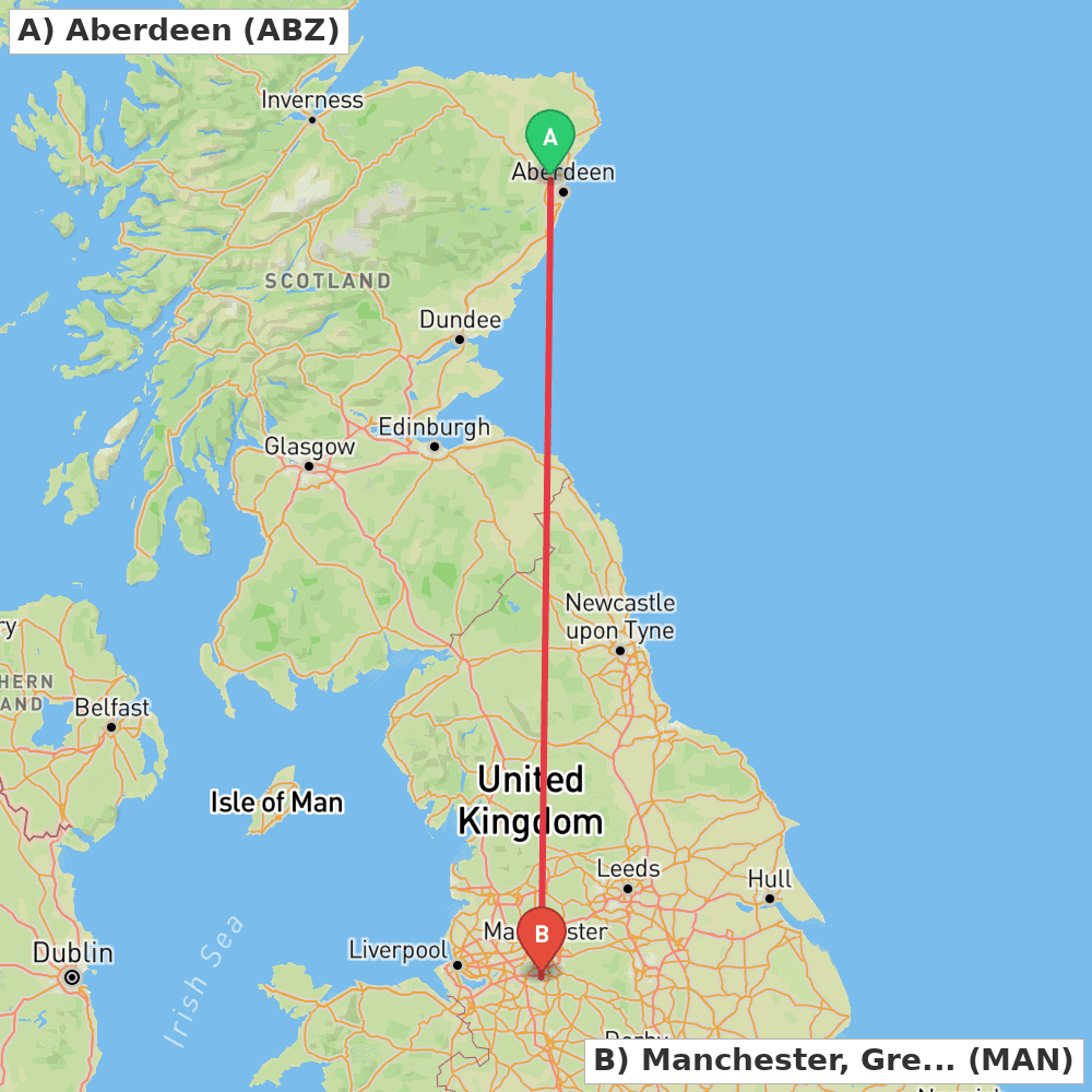 Flight route map from Aberdeen to Manchester, Greater Manchester