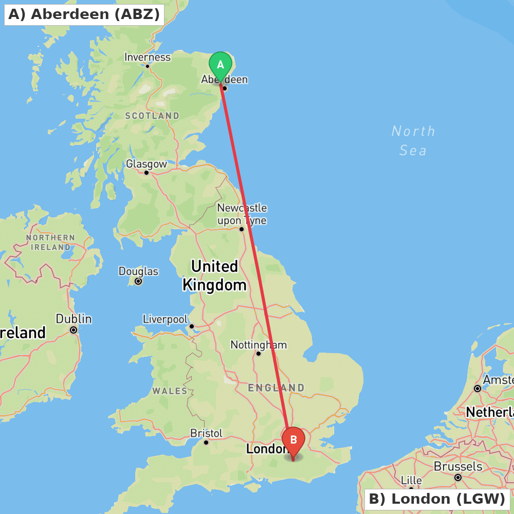 Flight route map from Aberdeen to London