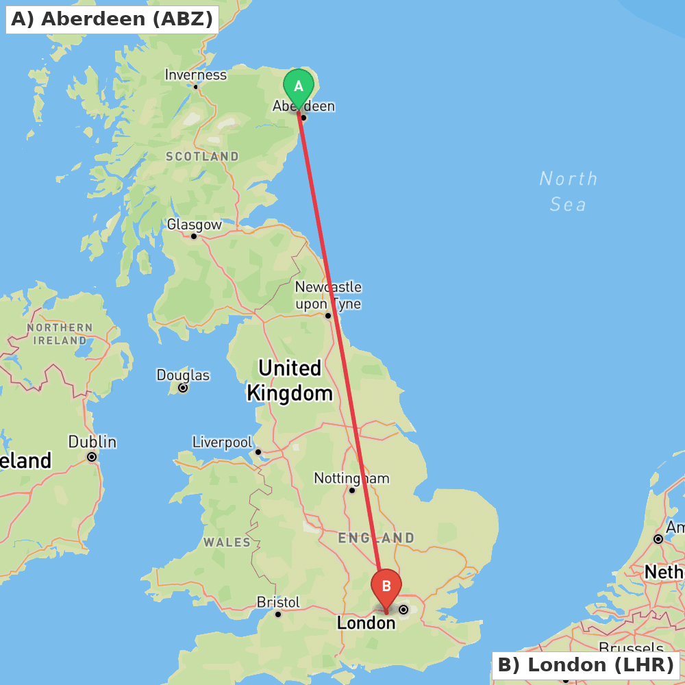 Flight route map from Aberdeen to London