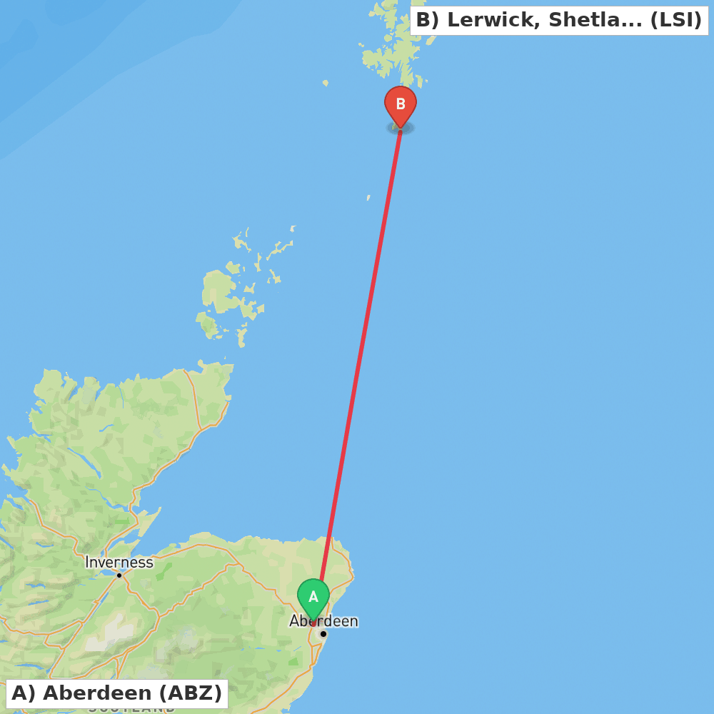 Flight route map from Aberdeen to Lerwick, Shetland