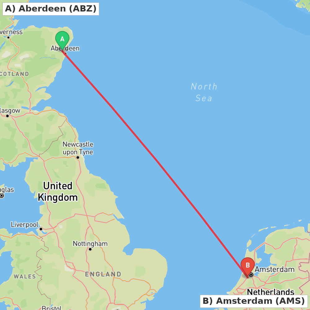 Flight route map from Aberdeen to Amsterdam