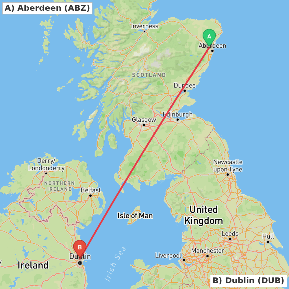 Flight route map from Aberdeen to Dublin