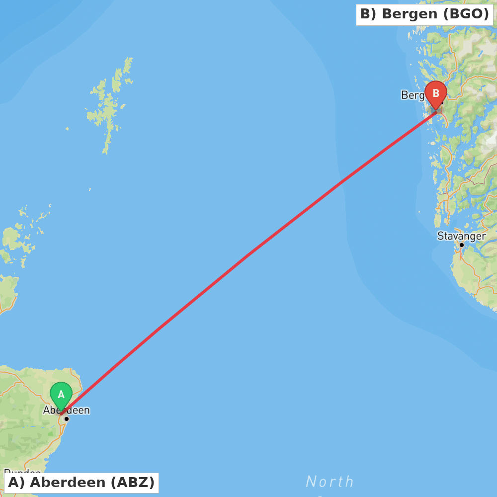 Flight route map from Aberdeen to Bergen