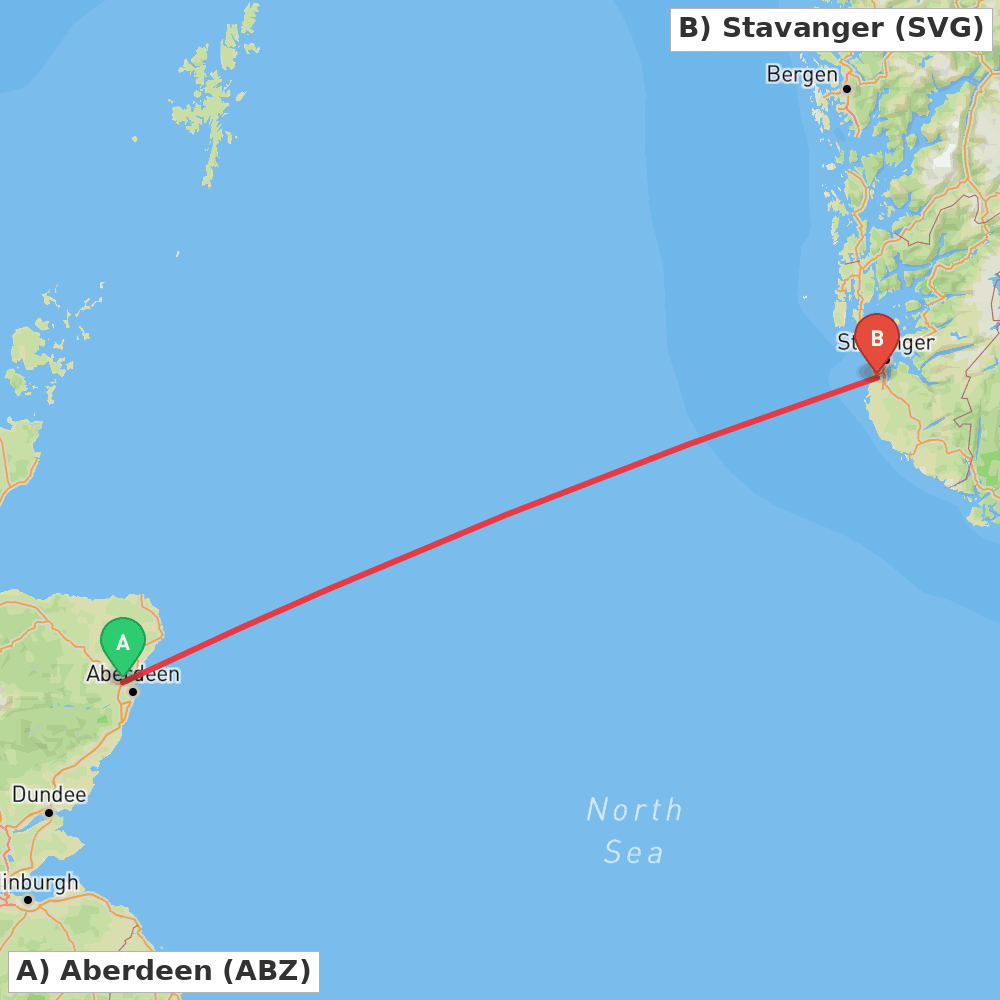Flight route map from Aberdeen to Stavanger