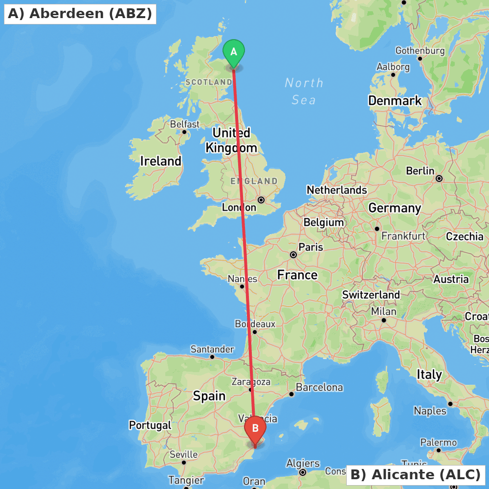 Flight route map from Aberdeen to Alicante