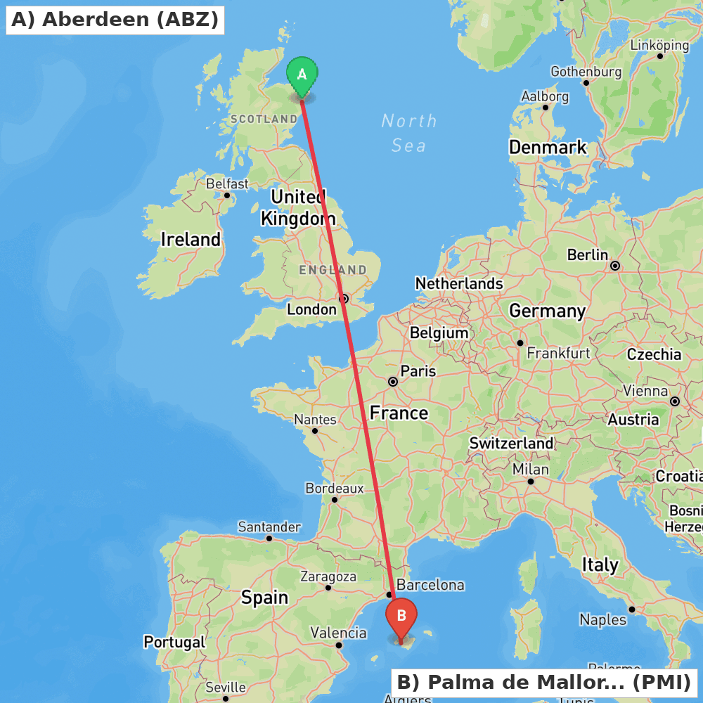 Flight route map from Aberdeen to Palma de Mallorca