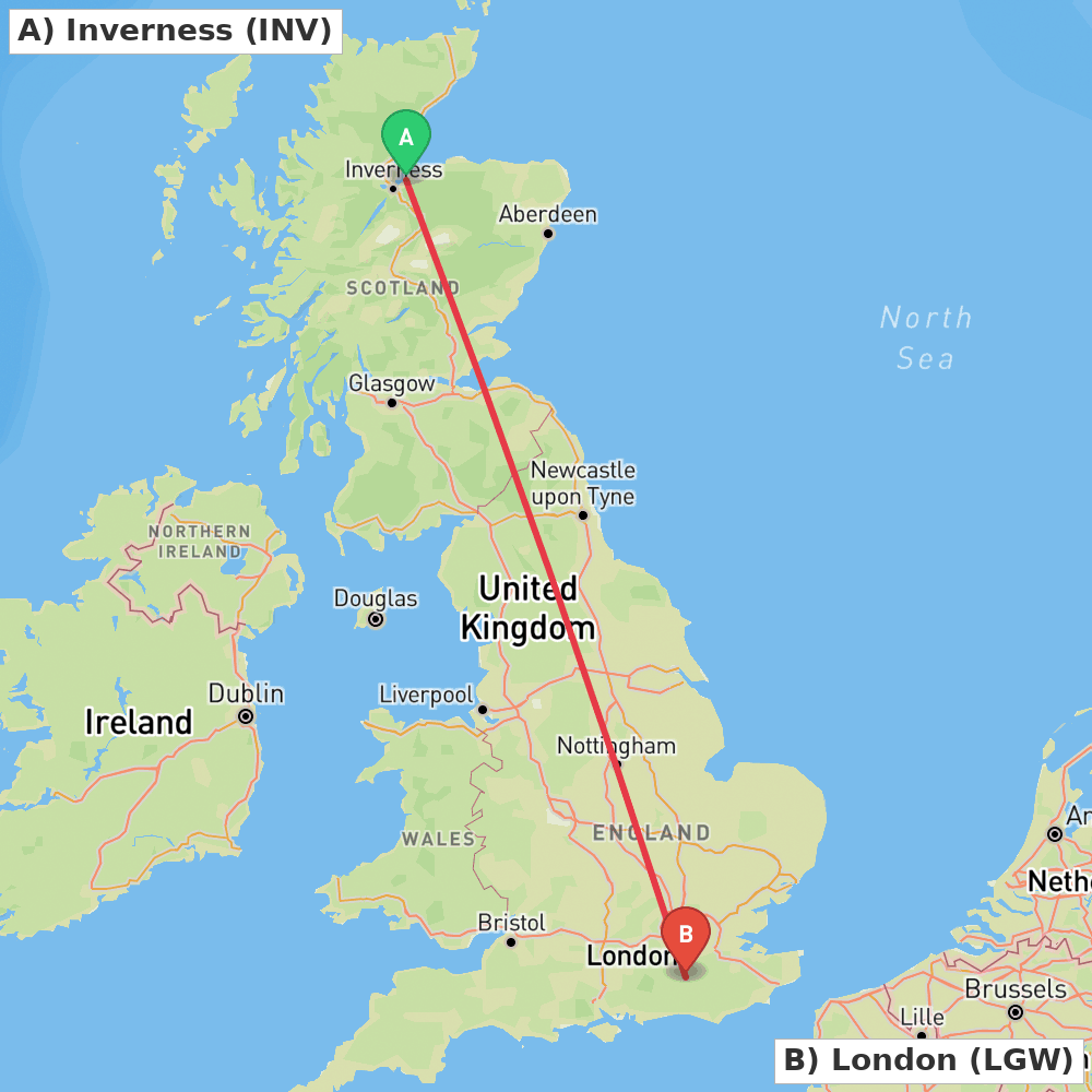 Flight route map from Inverness to London