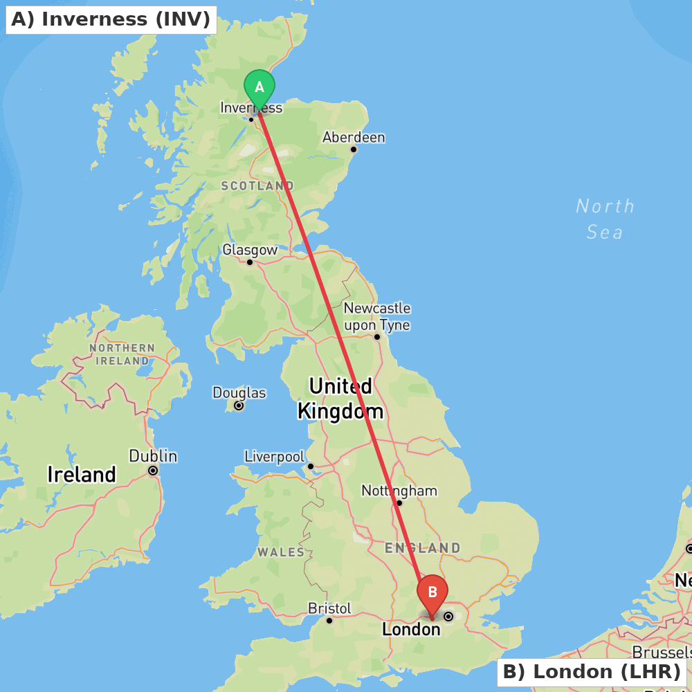 Flight route map from Inverness to London