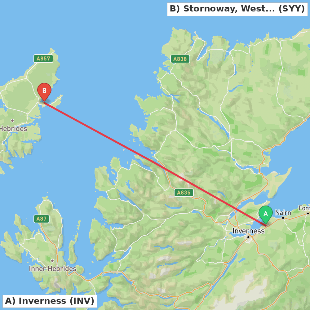 Flight route map from Inverness to Stornoway, Western Isles