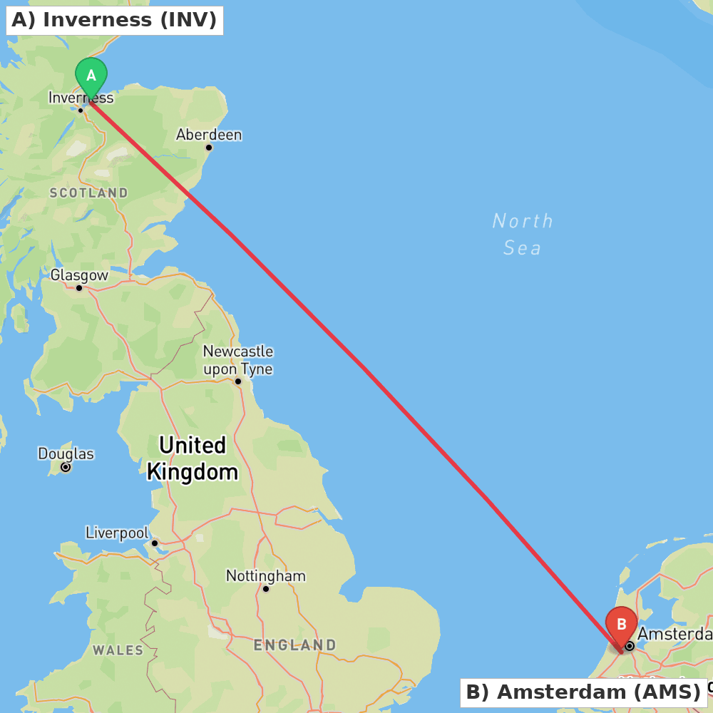 Flight route map from Inverness to Amsterdam