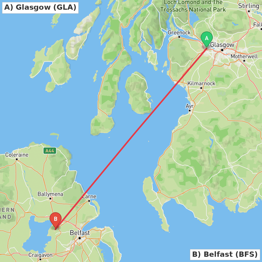Flight route map from Glasgow to Belfast
