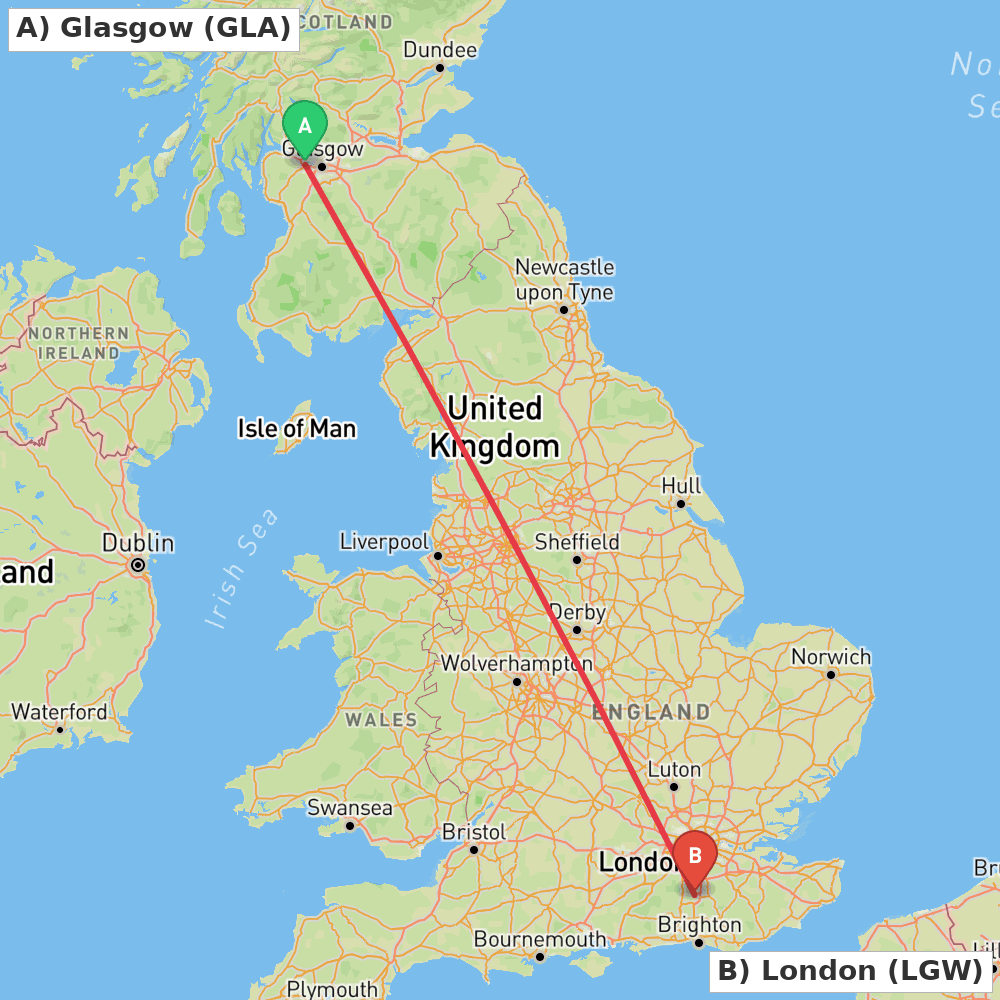Flight route map from Glasgow to London