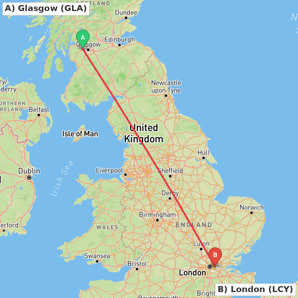 Flight route map from Glasgow to London