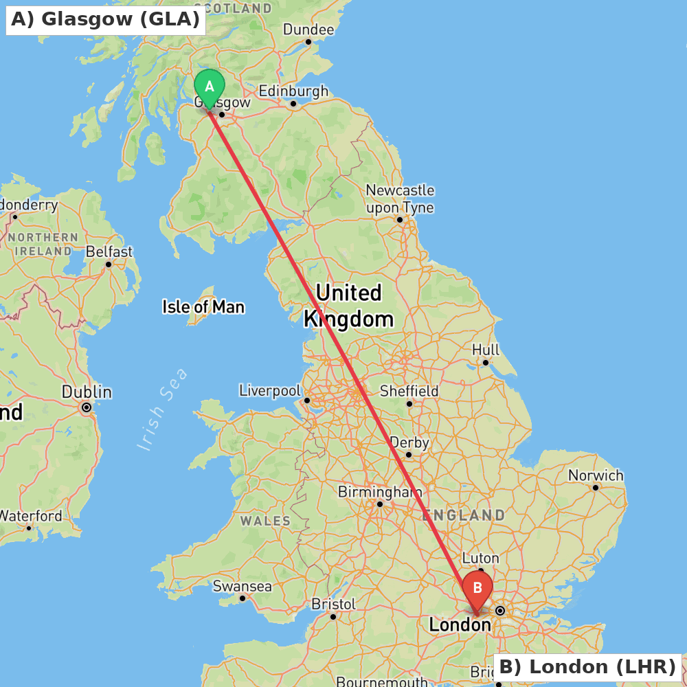 Flight route map from Glasgow to London