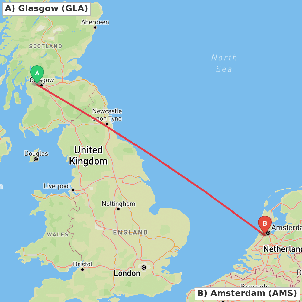 Flight route map from Glasgow to Amsterdam
